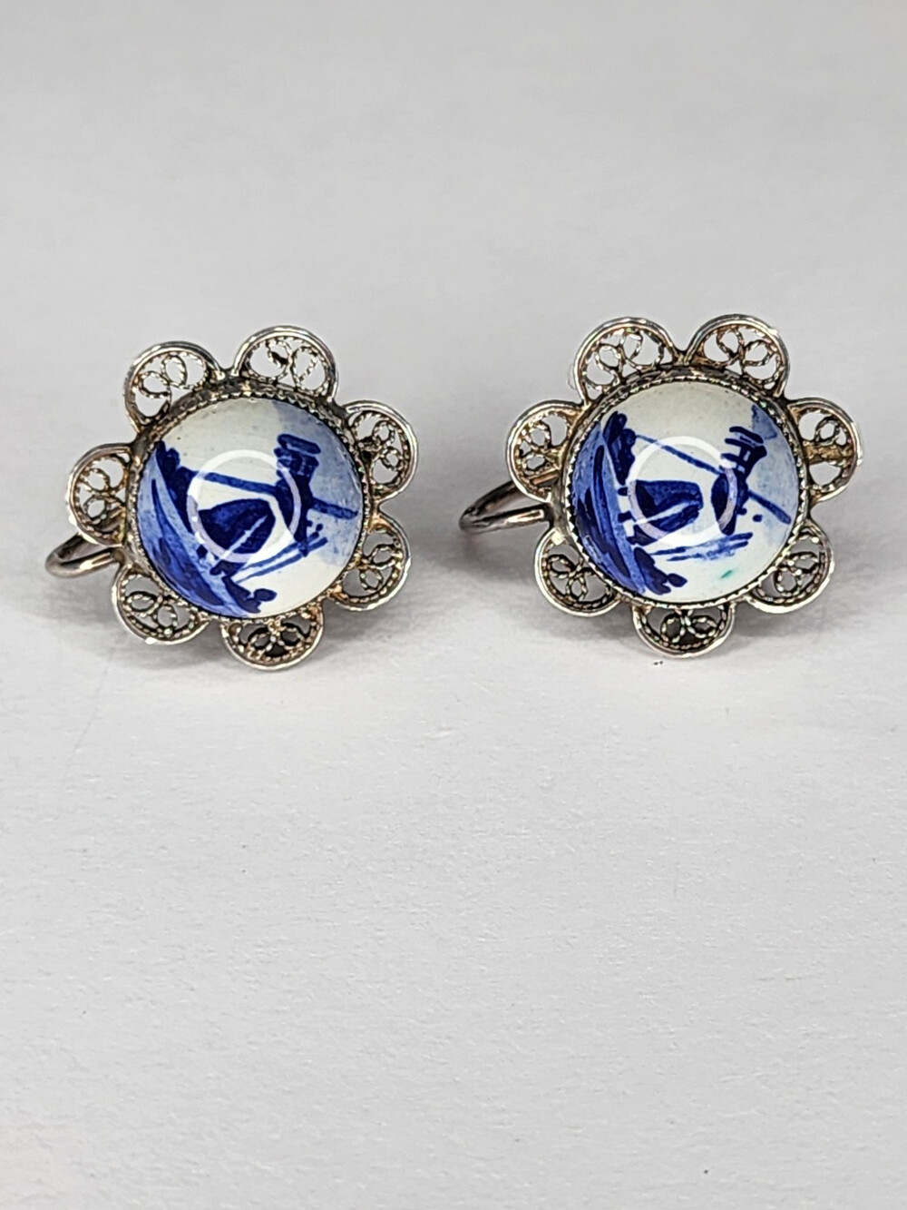 Vintage Dutch GBS Delft Windmill 835 Silver Screw Back Earrings